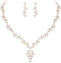 EVER FAITH Bridal Cubic Zirconia Jewelry Sets for Women, White Simulated Pearl Leaf Vine Pendant Wedding Party Necklace Earrings Set for Bridesmaid Bride