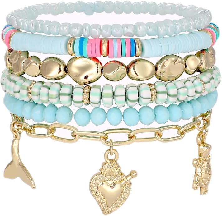 Shell Bracelet Seashell Boho Beaded Stretch Bracelets for Women Summer Beach Bracelets Starfish Charm Bracelet Stackable Gold Plated Bracelets Set for Women