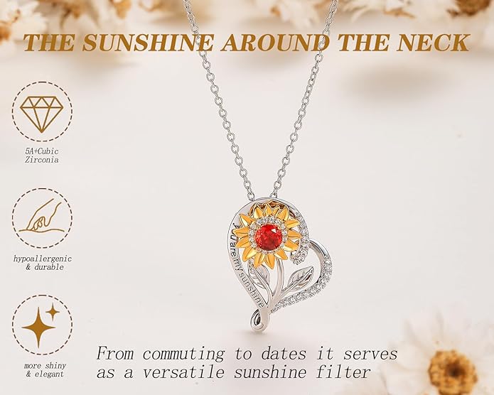 SELENICHAST Spinning Sunflower Necklace,925 Sterling Silver Heart Necklaces,You Are My Sunshine Girlfriend Birthday Jewelry Gifts