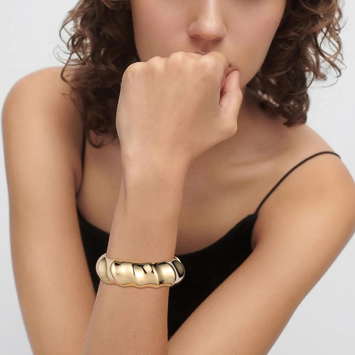 HZMAN 18K Gold Plated Wide Cuff Bracelet for Women - Premium Alloy Shiny Polished Double Layer Statement Bangle, Trendy Daily Wear Party Jewelry Accessory