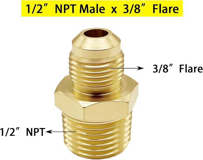 2 Pack Brass 1/2" NPT Male to 3/8" Flare Male Propane Flare Fitting | Propane - Image 2