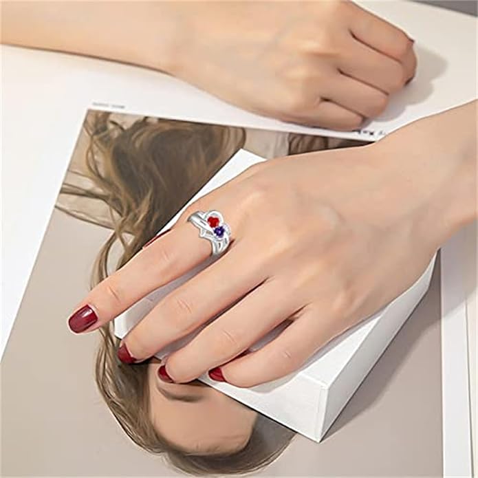 Personalized Heart Birthstone Rings for Women with 2 Birthstones Custom Name Rings for Couple Mother Daughter Jewelry Gift for Mother Her Christmas
