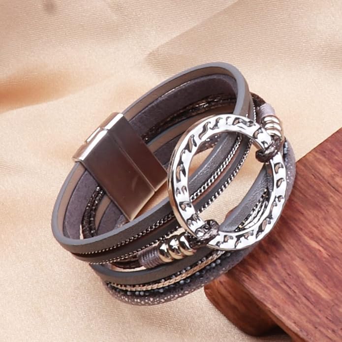 KSQS Tree of Life Leather Multi-Layer Wraps Bracelet,Boho Wide Buckle Wristband Bangle,Braided Cuff Bracelets for Women