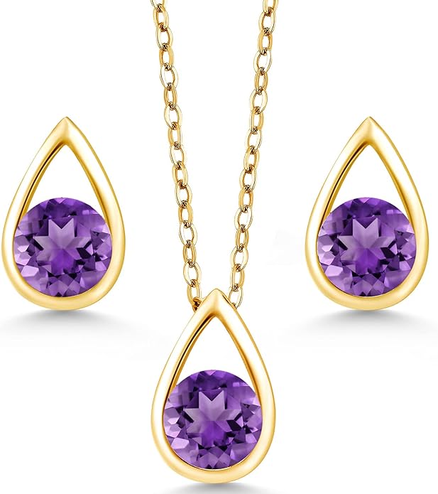 Gem Stone King 18K Yellow Gold Plated Silver 5MM Round Gemstone Birthstone Teardrop Pendant Earrings Set | Jewelry Set for Women | With 18 Inch Chain