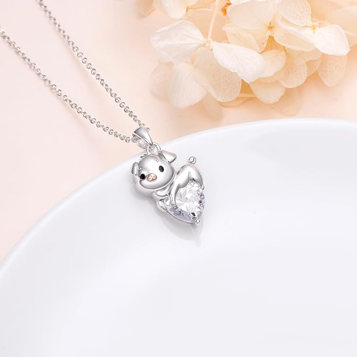FLYOW Pig Necklace 925 Sterling Silver Cute Animal Necklace with Heart Blue CZ Piggy Pendant for Women Friend Pig Lovers Birthday Graduation Valentine's Day Anniversary Christmas Jewelry White/Blue