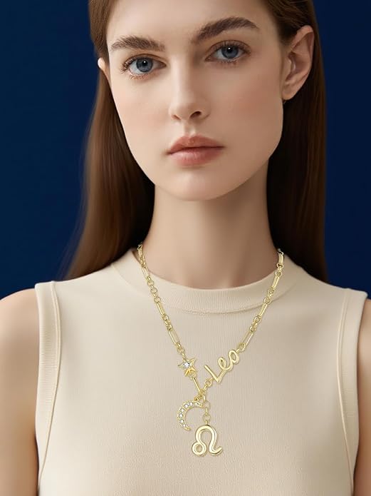 14K Gold/Rose Gold Zodiac Necklace for Women - Horoscope Constellation Pendant with Moon and Star, Luxury Birthday Gifts Jewelry for Her (12 Zodiac Signs)