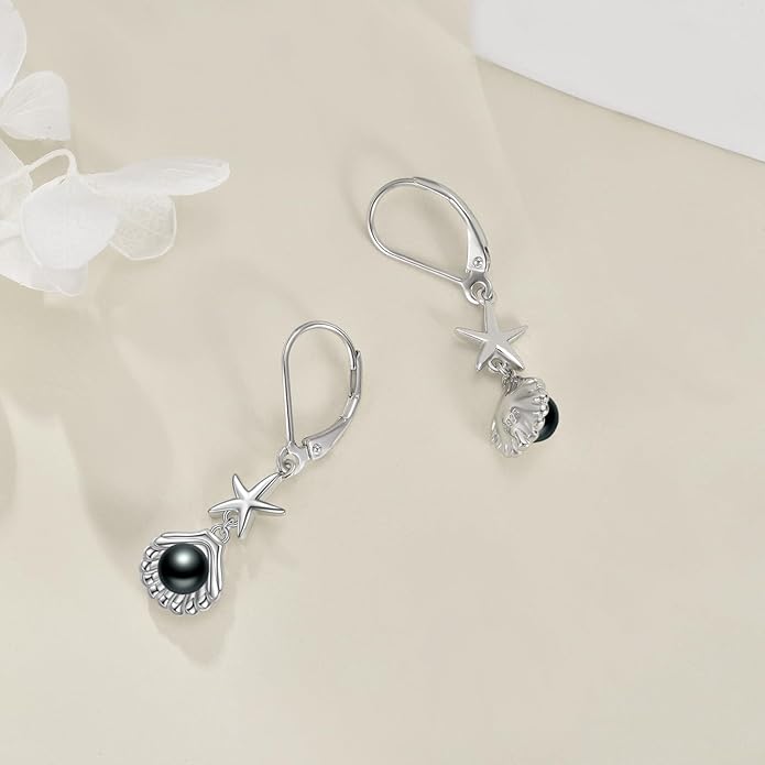 VONALA Silver/Gold Seashell Pearl Dangle Earrings 925 Sterling Silver Beach Drop Dangle Earrings Starfish Leverback Earrings Ocean Jewelry Gifts for Women