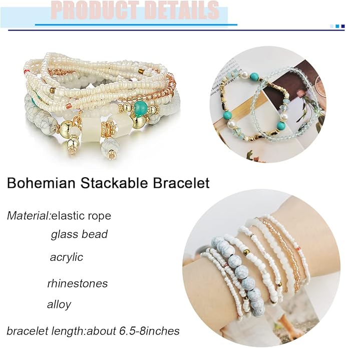 8 Sets Bohemian Stackable Bead Bracelets for Women Bohemian Bracelets Stretch Multi Layered beads Bracelet Set Boho Multicolor Jewelry