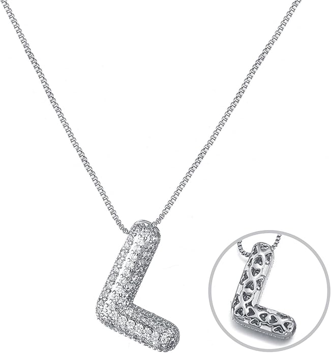 RWQIAN Letter Necklace for Women Bubble, Chunky Initial Alphabet A-Z Pendant Puffy Name Personalized Necklace Dainty Zircon CZ Fashion Jewelry Gifts for Girls Girlfriend