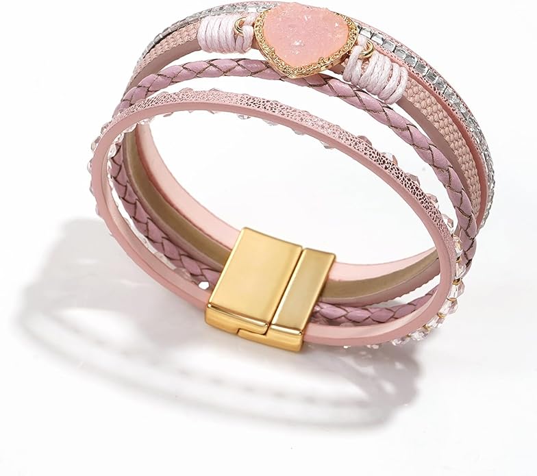 Suyi Multilayer Leather Wrap Bracelet Heart-Shape Wide Cuff Bracelets for Women