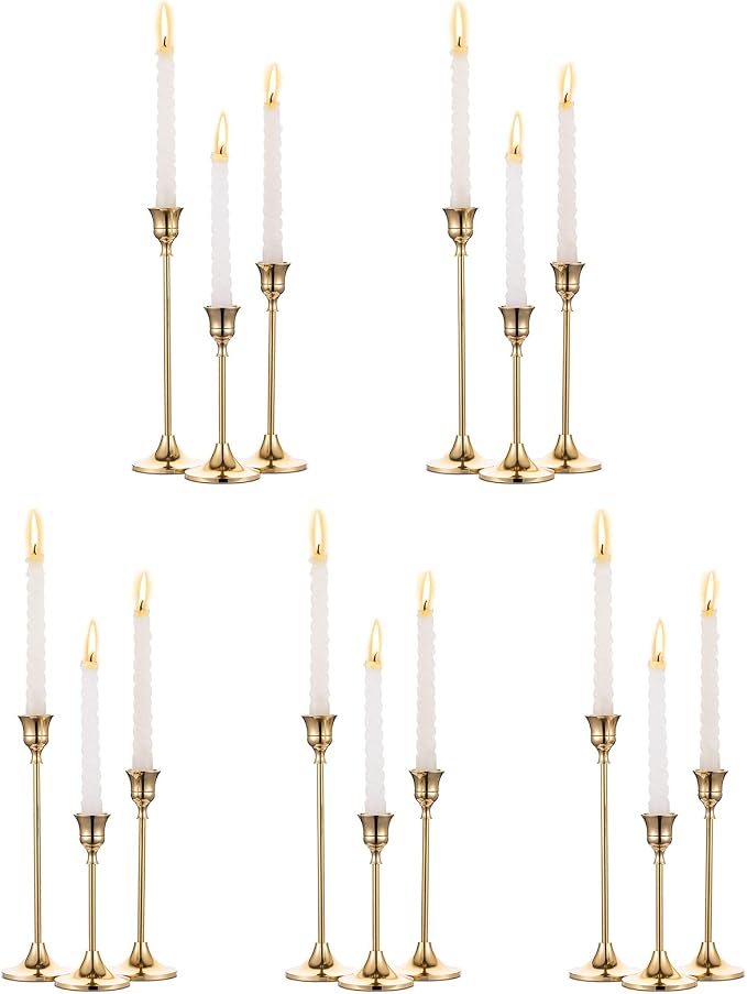 NUPTIO Gold Candlestick Holders Bulk: Solid Aluminum Set of 15 | Brass Candle - Image 9