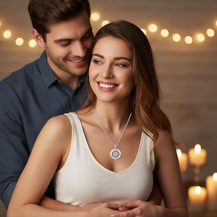 Compass Necklace for Women Wife Girlfriend Mom Daughter Gifts S925 Sterling Silver Jewelry For Anniversary Rose Gold Gifts For Birthday Christmas Mothers Valentines Day 12 Birthstones