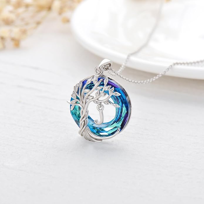 TOUPOP Gifts for Women Tree of Life Necklace 925 Sterling Silver Initial Pendant Family Tree Crystal Jewelry Valentine's Day Birthday Gifts for Her Mom Wife Girlfriend Daughter