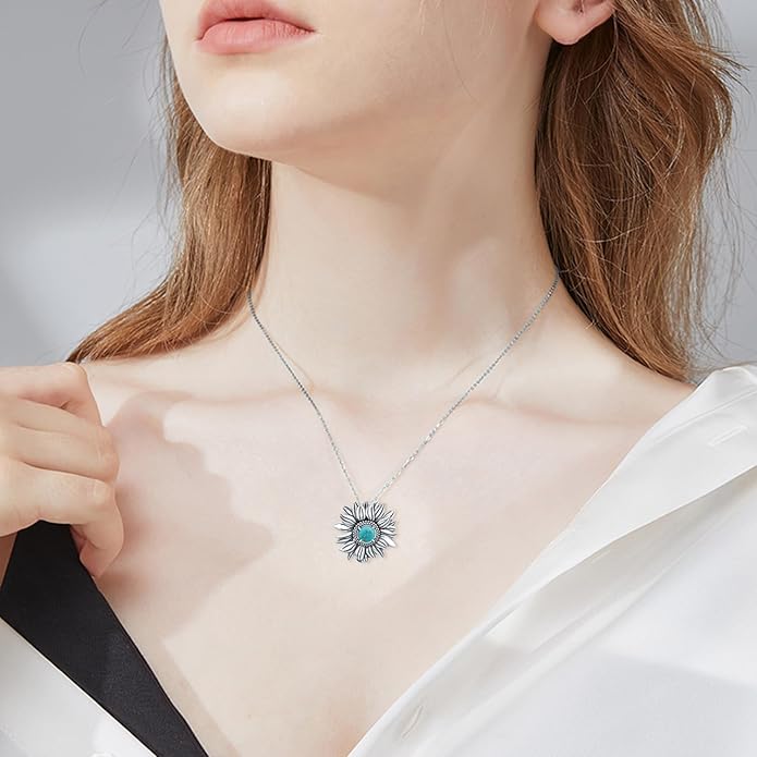 Sunflower Turquoise Necklace 925 Sterling Silver Genuine Turquoises Sunflower Necklace Western Nature Gemstone Turquoise Jewelry Gifts for Women