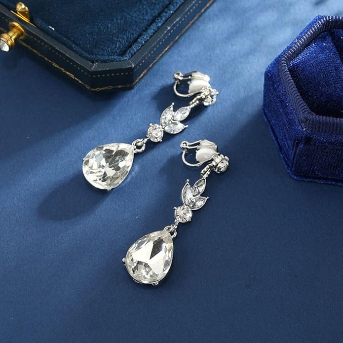 Aloha Earrings Non Pierced Silver Tone Clip On Sparkling Statement Dangling Earrings