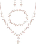 EVER FAITH Bridal Cubic Zirconia Jewelry Sets for Women, White Simulated Pearl Leaf Vine Pendant Wedding Party Necklace Earrings Set for Bridesmaid Bride