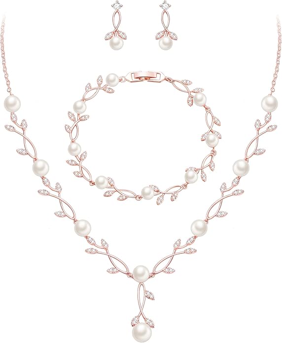EVER FAITH Bridal Cubic Zirconia Jewelry Sets for Women, White Simulated Pearl Leaf Vine Pendant Wedding Party Necklace Earrings Set for Bridesmaid Bride