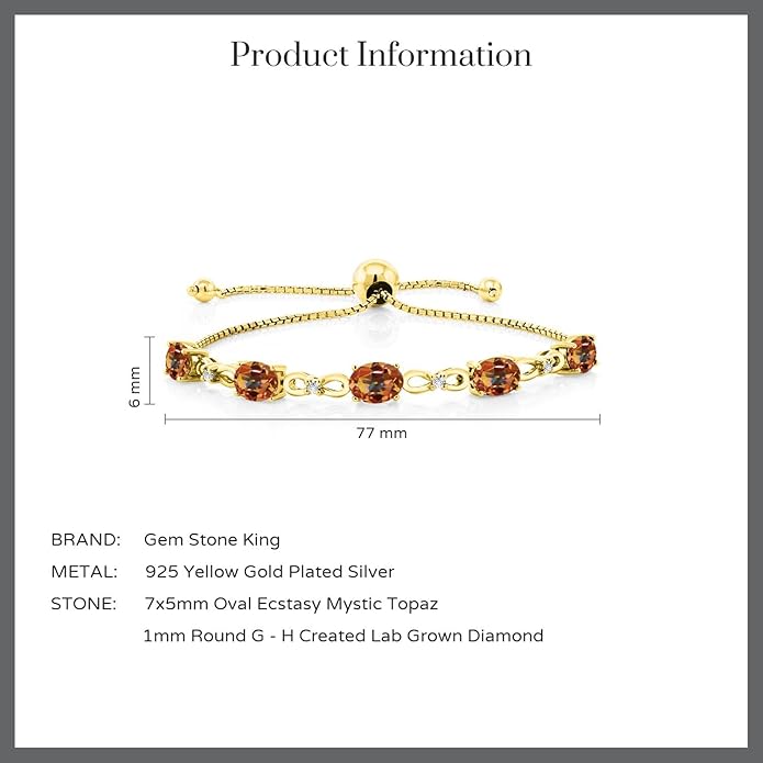 Gem Stone King 7X5MM Oval Cut Gemstone Birthstone and Accent Lab Grown Diamond Tennis Bracelet For Women In 18K Yellow Gold Plated Silver | Adjustable Bolo Bracelet For Women | Easy-On Easy-Off
