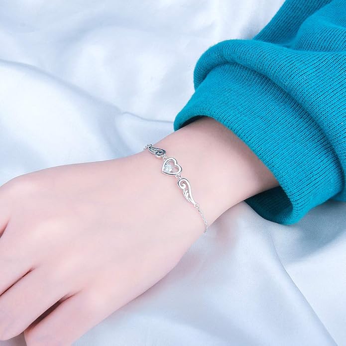 925 Sterling Silver Guardian Angel Wings Bracelets for Women, CZ Design Heart Adjustable Chain Bracelets for Jewelry