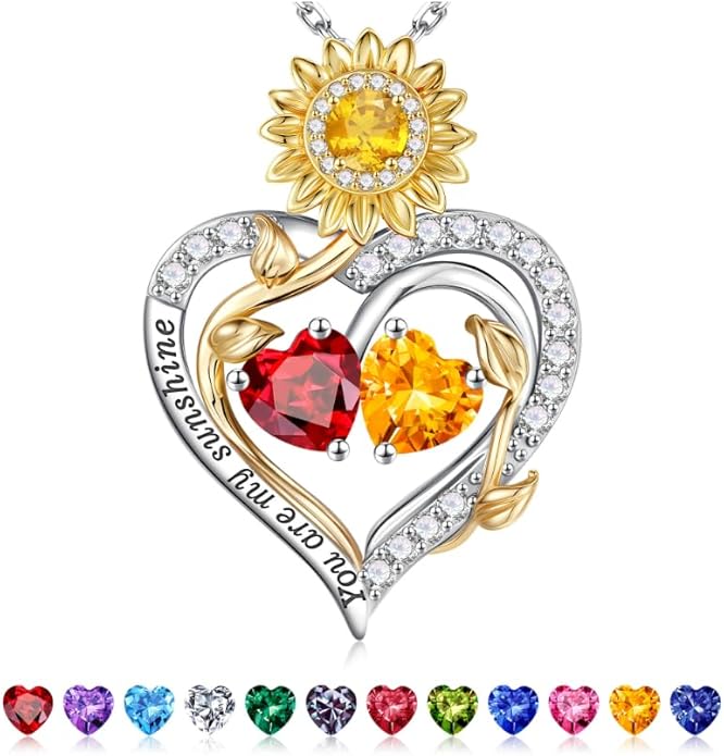 Iefil Valentines Day Gifts for Her - 925 Sterling Silver Sunflower Double Birthstone Necklace for Women, Anniversary Birthday Gifts for Wife, You Are My Sunshine Necklaces, Jewelry for Wife Mom