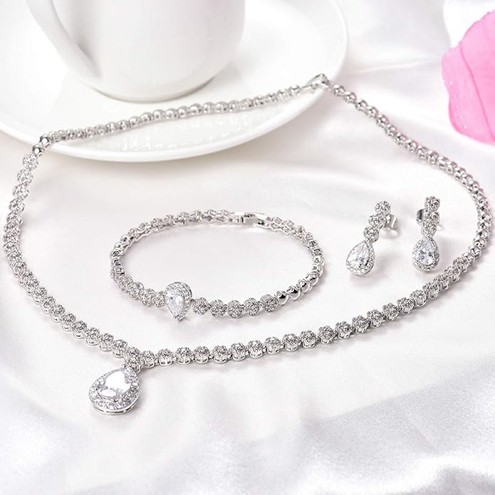 Hadskiss Jewelry Set for Women, Necklace Dangle Earrings Bracelet Set with White AAA Cubic Zirconia, Allergy Free Wedding Party Jewelry for Bridal Bridesmaid
