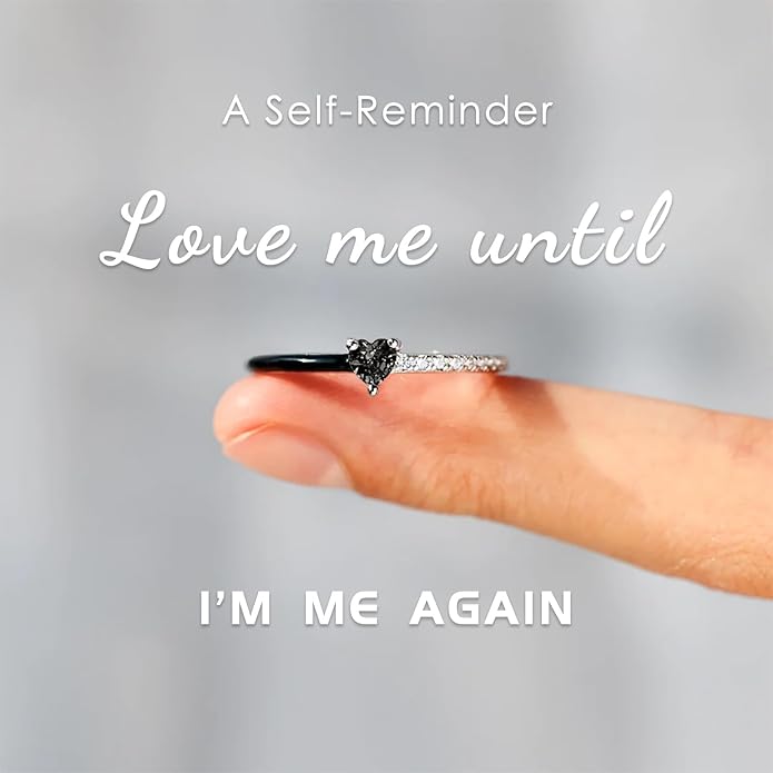 Love Me Until I'M Me Again Black Heart-Cut Half Enamel Ring, Black Heart Self-Love Ring, Jewelry Birthday Gifts for Women, Daughter, Wife, Friends