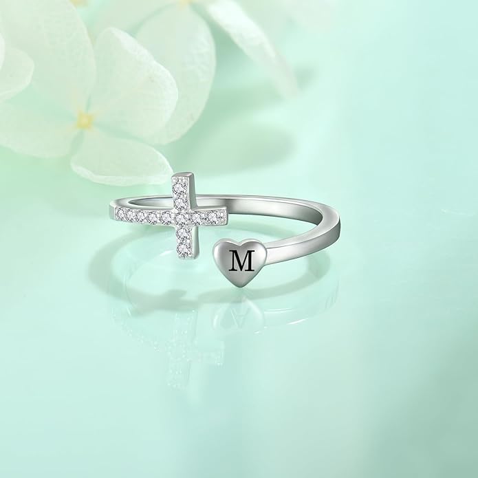 STARCHENIE Cross Initial Ring for Women 925 Sterling Silver Letters A-Z 26 Alphabet Adjustable Ring Size 7