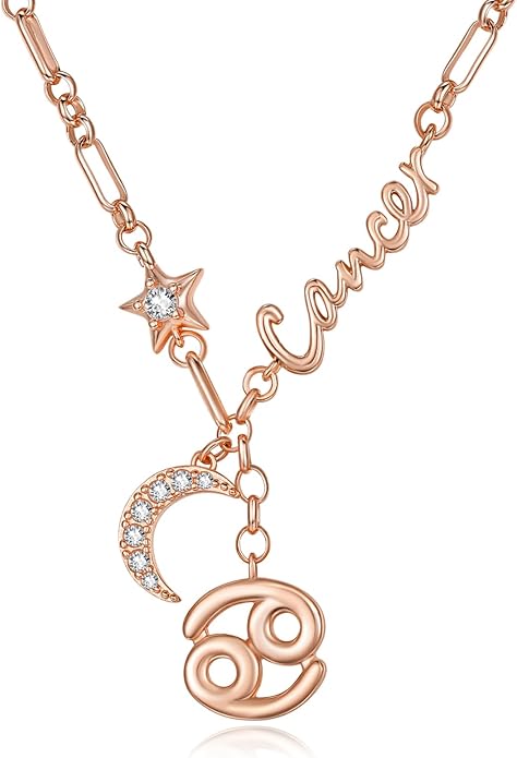 14K Gold/Rose Gold Zodiac Necklace for Women - Horoscope Constellation Pendant with Moon and Star, Luxury Birthday Gifts Jewelry for Her (12 Zodiac Signs)