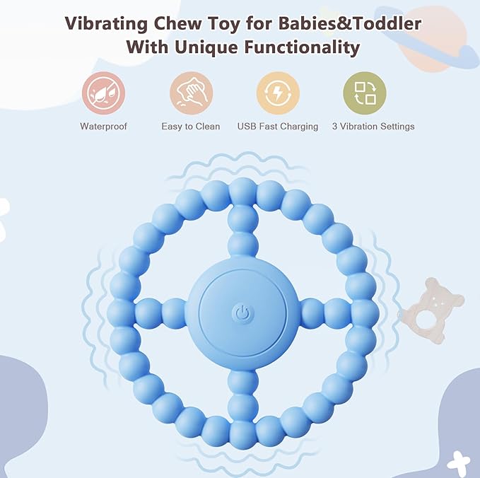 Vibrating Sensory Chew Toy, Teether Teething Toys for Babies6-12 8-18 Months, Sensory Toys for Kids with Autism&Toddler Travel Essential,1-2 Year Old Christmas Boys Girls Gifts idea(Blue)