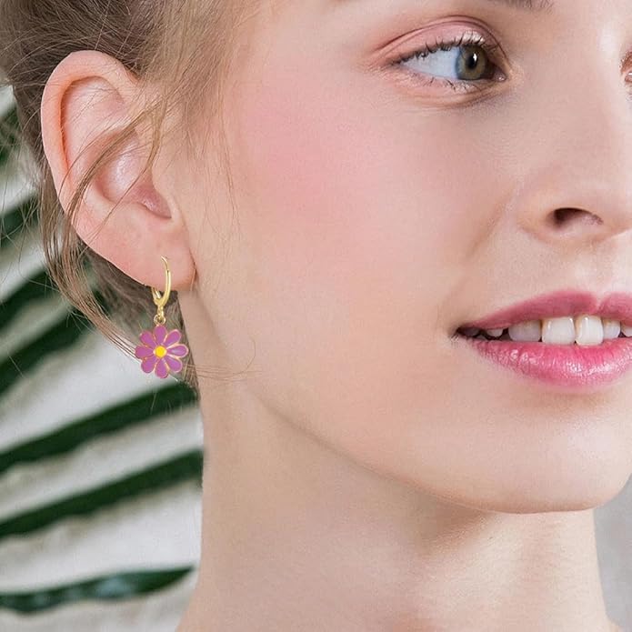 3 Pairs Daisy Huggie Hoop Earrings for Women Flower Dangle Drop Earrings Hypoallergenic Cute Sunflower Jewelry Gifts White Hot Pink Blue