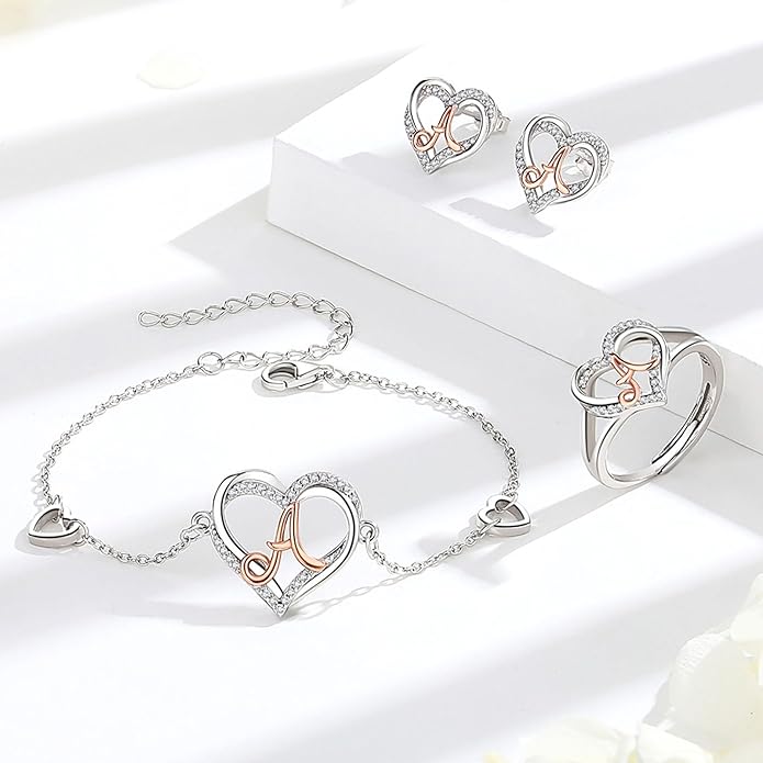 INFUSEU 925 Sterling Silver Initial Heart Ring for Women Girls, Adjustable Size