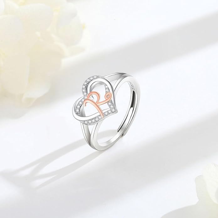 INFUSEU 925 Sterling Silver Initial Heart Ring for Women Girls, Adjustable Size