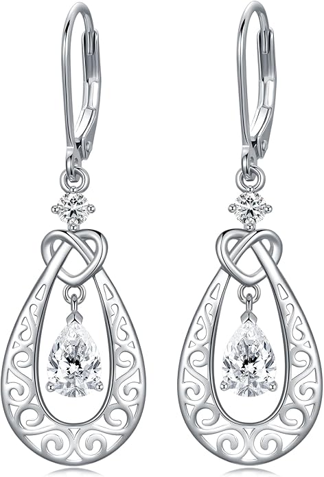 Teardrop Birthstone Dangle Drop Earrings Sterling Silver Infinity Filigree Leverback Earrings, Infinity Love Birthday Anniversary Valentines Day Gifts for Her Women Mom Wife