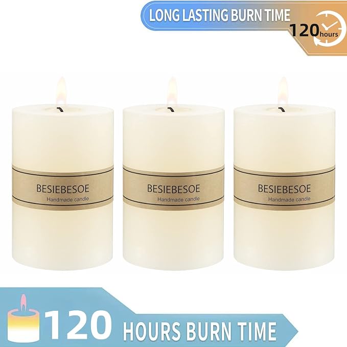 3×4 Ivory Pillar Candles Set of 3 Unscented Handpoured Weddings, Home Decoration - Image 4