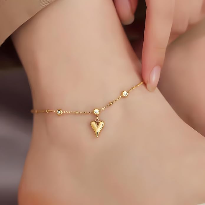 Dainty Ankle Bracelets for Women Waterproof, 14K Gold/Silver Plated Anklets for Women Non Tarnish Layered Shiny CZ Heart Charm Satellite Rope Herringbone Anklet Trendy Summer Beach Jewelry Gift