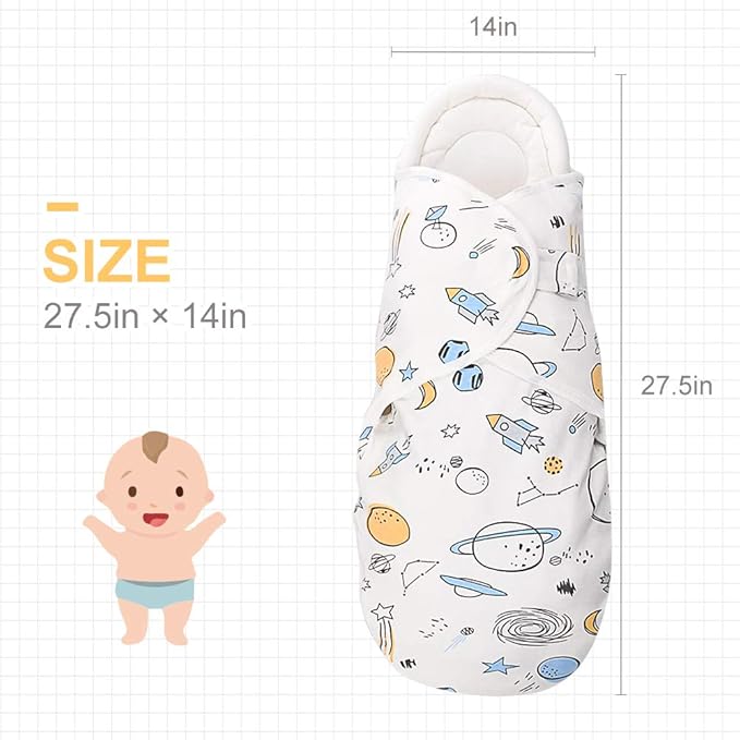 Premium Soft Cotton Baby Swaddle Blankets, Unisex Baby Blanket Wrap for Newborn Baby Boys Girls, Skin Friendly Wearable Swaddling Sleep Sack Calms Startle Reflex (Planet, White, 3-6 Months)
