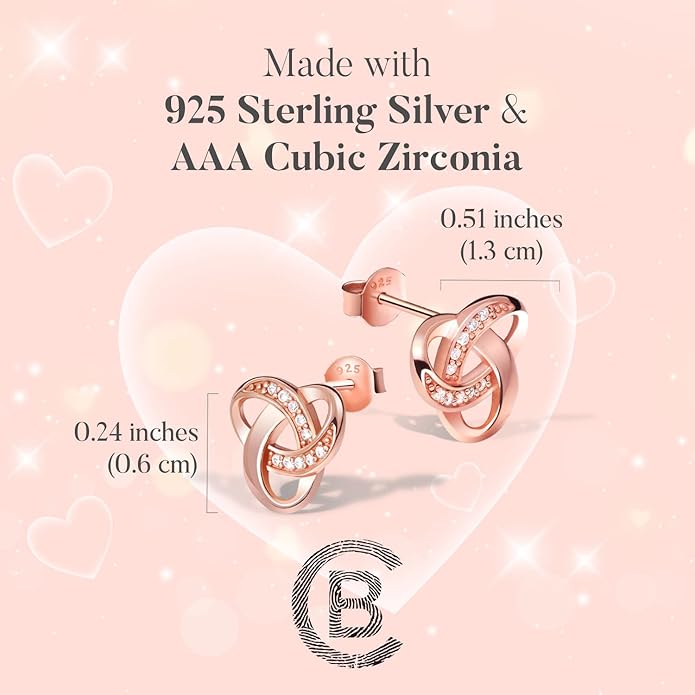 Chic Bijoux Knot Earrings for Women – With Round Cubic Zirconia stones and 925 Sterling Silver – Gift for Her Birthday, Rose Gold Jewelry