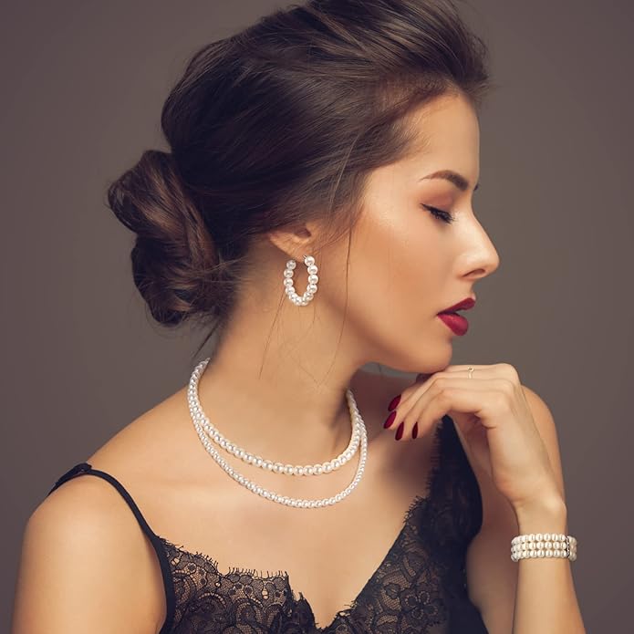 Glenmal Pearl Rhinestone Jewelry Set for Women Pearl Necklace Bracelet Earrings for Wedding Birthday Bridal Shower Tea Party