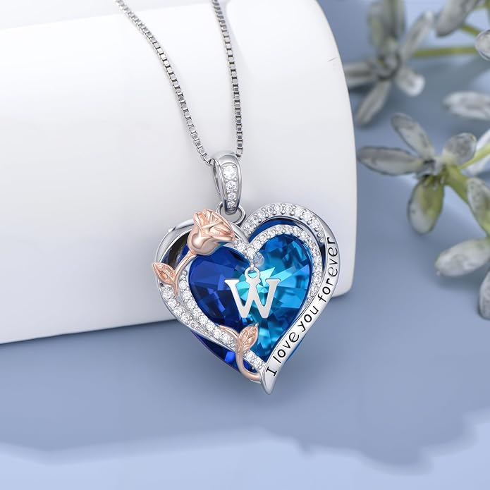 PELOVNY Rose Heart Initial Necklaces for Women S925 Sterling Silver Alphabet Letter Crystal Necklace Initial Pendant Jewelry Gifts for Mom Daughter Wife