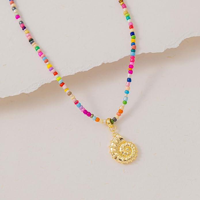 VRIUA Colorful Beaded Necklaces for Women – Summer Beach Boho Starfish, Conch, Shell, Pearl, Palm tree Pendant Necklace Jewelry