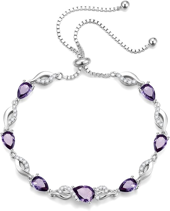 FANCIME Birthstone Teardrop Tennis Bracelet for Women, Sterling Silver 9x7mm main Gemstone Bolo Adjustable Chain Bracelet Fine Jewelry Birthday Gifts for Women Mom Wife Her