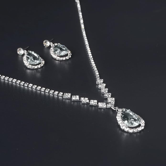 Silver Crystal Bridal Jewelry Set, Teardrop Dangle Earrings Rhinestone Necklace Bracelet for Bride Bridesmaid Crystal Bridal Wedding Party Jewelry Sets