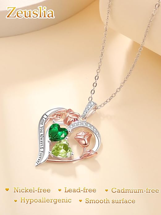 Valentine's Day Gifts for Wife 925 Sterling Silver Double Birthstone Pendant Necklaces I Love You for Always and Forever Necklace Anniversary Birthday Gifts for Wife Girlfriend Mom Her
