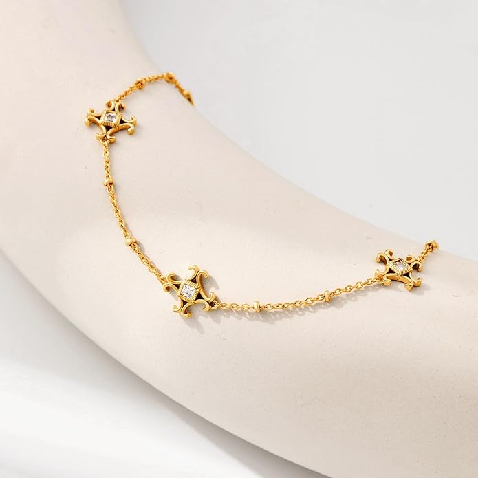 Cicy Bell Womens 18k Gold Plated White Shell Cubic Zirconia Square Cross Adjustable Chain Link Bracelets 6.69" with 2" Extender
