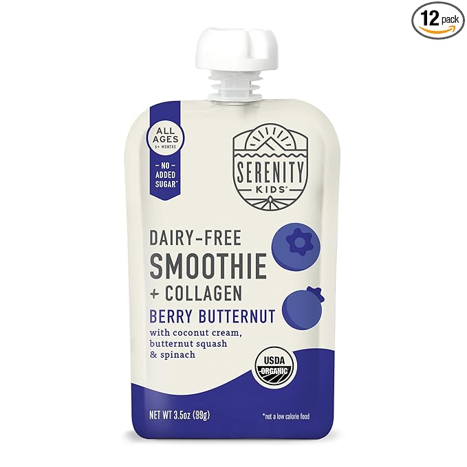 Serenity Kids 6+ Months Dairy-Free Smoothie Baby Food Pouch - USDA Organic & Grass-Fed Collagen Protein - Berry Butternut Flavor - Portable Toddler Snacks - 3.5 Oz, 12 Pack