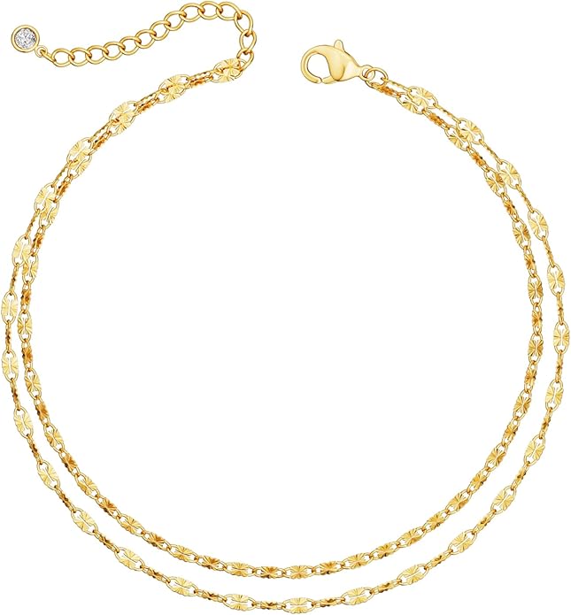 DEARMAY Dainty 14K Gold Plated Ankle Bracelets for Women, Waterproof 14K Gold Plated Link Chain Anklets Non Tarnish Set Pack Summer Beach Jewelry Gift