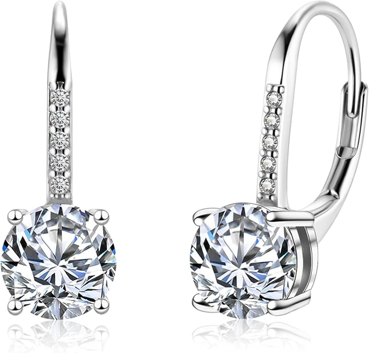 Moissanite Earrings, White Gold Plated Soild Sterling Silver Dangle Earrings 1.0ct-2.0ct D Color Brilliant Round Cut Lab Created Moissanite French Leverback Drop Earring for Women