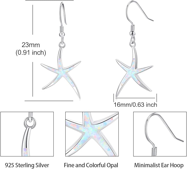 925 Sterling Silver Starfish Earrings With Opal Fish Hoops, Nautical Hawaiian Sea Beach Jewelry for Women and Starfish Lovers