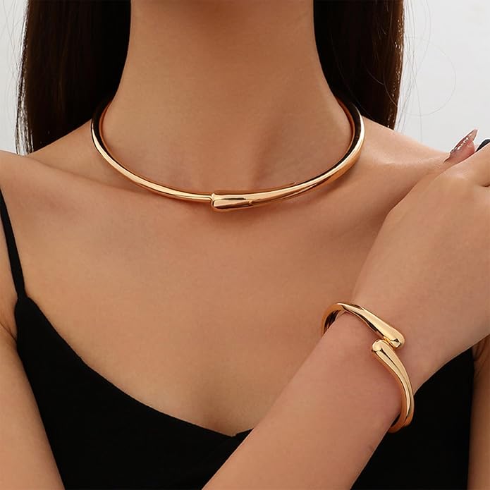 Gold Collar Necklace for Woman Bold Teardrop Necklace Chunky Necklaces for Women Statement Necklace for Women Open Cuff Design Fashion Jewelry Highly Polished Alloy