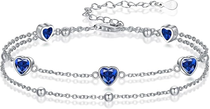 Birthstone Anklet/Bracelets for Women 925 Sterling Silver Charm Link Double Strand Heart Birthstone Jewelry Gift for Wife Women Mother's Day Gift